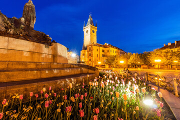 Sticker - Evening view of the patch of tulips at the Old Town square in Prague, Czech Republic