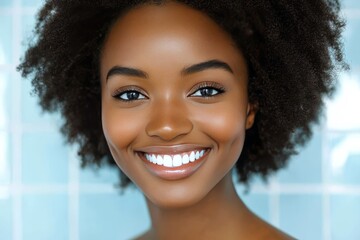 Wall Mural - A confident young woman with natural hair and a radiant smile captured in a bright and cheerful setting exuding positivity warmth and natural beauty with a glowing and happy expression