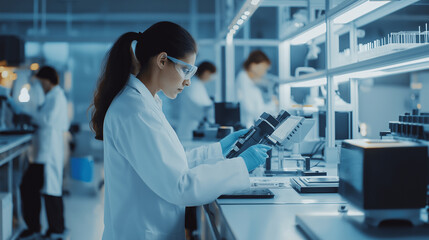 Poster - Medical research scientist using high precision digital equipment in modern laboratory
