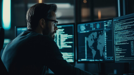 Poster - Computer programmer working on computers with code and data on screens in dark office