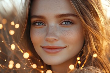 Wall Mural - A young woman with freckles smiling warmly with golden bokeh lights surrounding her her face illuminated with a soft joyful glow in a festive setting