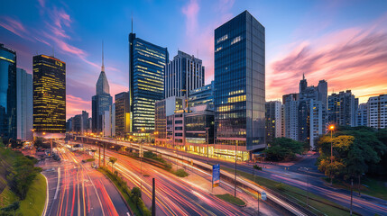 Poster - Hong kong skyline at sunset with traffic flowing on highway