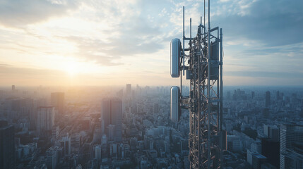 Aufkleber - Telecommunication tower providing signal over city at sunset