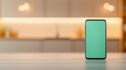 Aufkleber - Smartphone showing green screen standing on table in kitchen interior