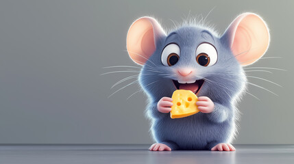 Cute cartoon mouse eating cheese with grey background