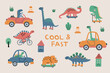 © Viola - Collection dinosaurs in the transports. Car, skateboard, bike, rollers, scooter. Fun vector characters.