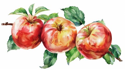 Watercolor painting of a branch of apple fruit with leaf