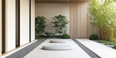 A serene outdoor space featuring minimalist design, bamboo, greenery, and smooth stones for a tranquil atmosphere.