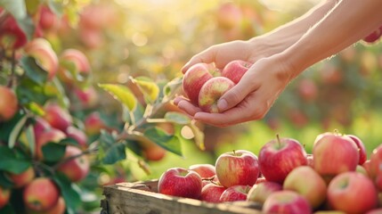 Fresh apple in wooden crate in plantation orchard farm