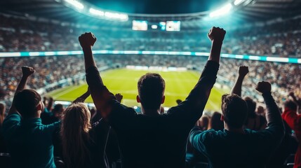 Wall Mural - Excited fans celebrate a thrilling sports match at a packed stadium during a night game with bright lights