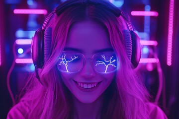 Poster - A young woman with glowing neon glasses immersed in a vibrant futuristic environment filled with bright lights embodying energy excitement and the thrill of technology