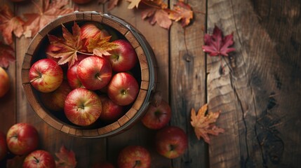 Fresh apple fruit in wooden barrel on table