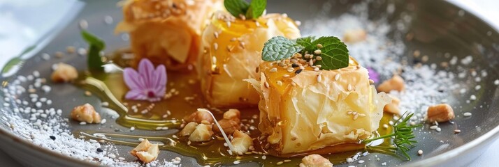 Wall Mural - Fried Feta Cheese Dessert with Phyllo, Honey, Sesame, and Nuts