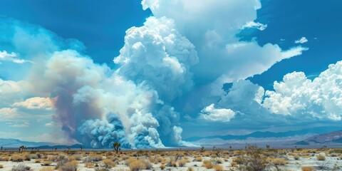 Blue and white sky with billowing cumulonimbus clouds and smoke from a massive wildfire in the desert