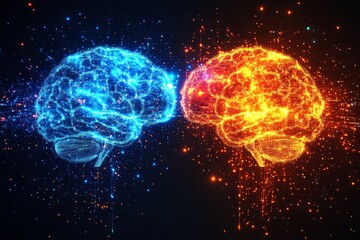 Sticker - A dynamic illustration of two brains glowing with blue and red energy representing the interplay of thought emotion and the duality of cognitive processes in a modern technological context