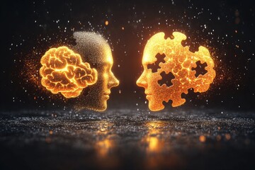 Sticker - Two human profiles facing each other with brains and puzzle pieces symbolizing the connection and challenge of understanding one another in a relationship or intellectual exchange