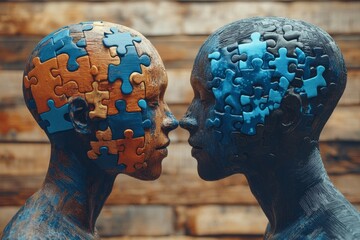 Poster - Two abstract human faces facing each other with their brains represented as puzzle pieces symbolizing the challenge and connection in understanding or communicating complex ideas