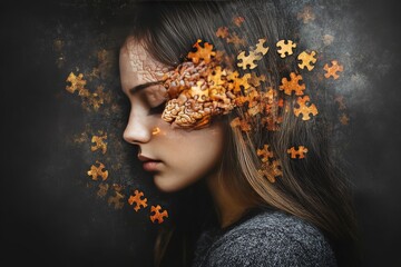 Canvas Print - Young woman with a face made of puzzle pieces and foliage symbolizing the connection between nature identity and the complexities of human emotion and self discovery