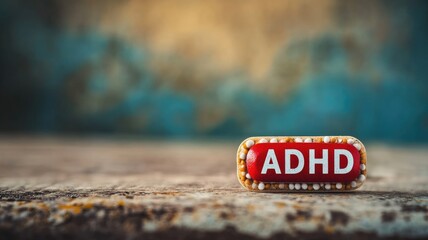 Wall Mural - Capsule representing ADHD on rustic surface with blurred background