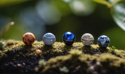 Wall Mural - five colorful marbles depicting planets are arranged on a mossy log in a sunny forest