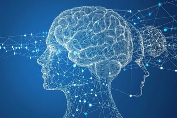 Poster - Digital illustration of two human profiles with interconnected neural networks symbolizing the complex relationship between thoughts ideas and the collaborative nature of human intelligence