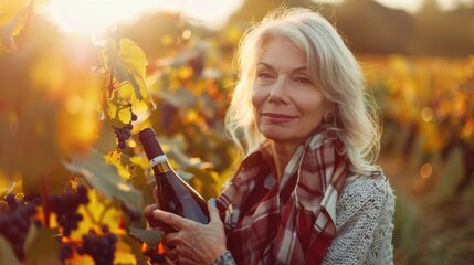 A fashionable beautiful senior female holding a glass of wine in grape plantation field