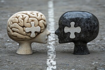 Sticker - Abstract stone sculptures of two heads with puzzle pieces symbolizing the enduring and rugged nature of human identity thought and the challenges of understanding oneself and others