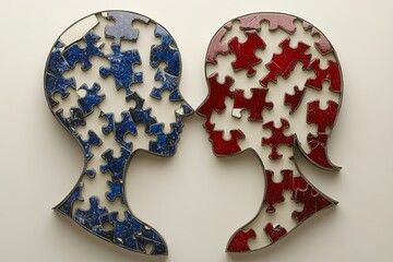 Abstract illustration of two puzzle piece heads one red and one blue facing each other representing the complexity and interconnection of thought identity and communication