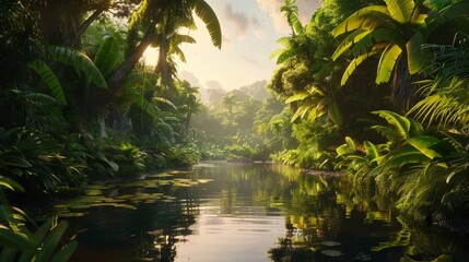 Canvas Print - Tranquil Tropical River in Lush Green Jungle.