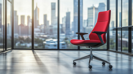 Aufkleber - Modern office chair waiting in executive boardroom overlooking city skyline at sunset: