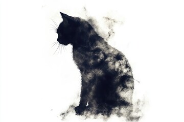 Halloween background, copy space. A mysterious black cat silhouette emerges from ethereal wisps of smoke, set against a soft white background that enhances its enigmatic allure