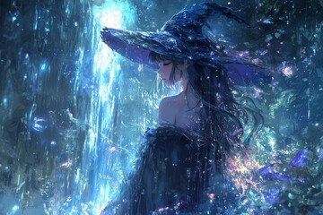 Anime-style sorceress, mystical waterfall, magical spells, ethereal beauty, enchanting powers