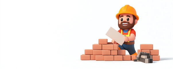 A cheerful construction worker joyfully constructing a wall with bricks. Perfect for construction, building, and teamwork themes.