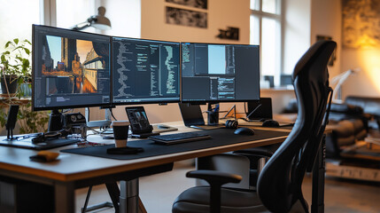 Poster - Programmer working from home with triple monitor setup