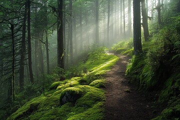 Captivating, misty morning in the forest, sunlight filtering through trees, high quality, photorealistic, serene, ethereal, scenic, panoramic, breathtaking::1.2 moss-covered rocks, woodland