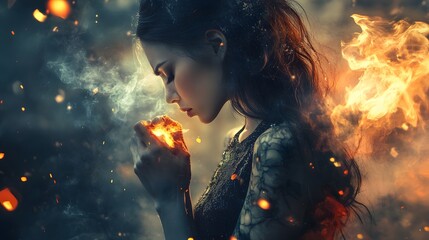 Woman Holding Burning Flame in Her Hands with Fire Behind Her