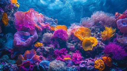 Coral reef, underwater, vibrant colors, marine life, textured,