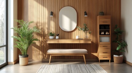 Interior stylish modern wooden entrance hallway decor with cozy wooden tone, contemporary home with furniture desk, stand and shoe bench