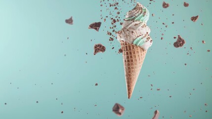 An artistic capture of a mint and vanilla swirl ice cream cone adorned with chocolate pieces in mid-air, set against a light blue background, creating a refreshing appeal.