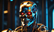 © Miklos - A close-up of a robotic skull with red eyes, set against a blue and black background