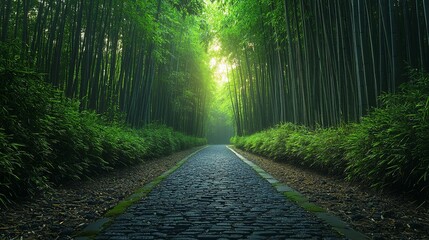 Tranquil, serene bamboo forest, dappled sunlight, high quality, photorealistic, peaceful, Zen, scenic, panoramic, breathtaking::1.2 winding pathways, rustling leaves, hidden temples, meditative