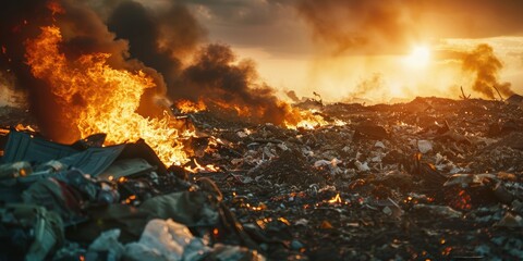 Waste and flames engulf landfill also known as trash debris refuse Combustion leads to destruction heat and flames emitting smoke and toxic pollutants that contribute to air pollution enviro