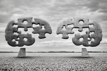 Wall Mural - Black and white photograph of two stone sculptures with puzzle piece brains symbolizing the enduring and timeless nature of thought identity and intellectual challenges