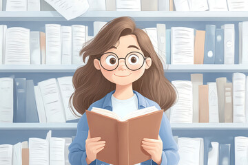 Cheerful girl enjoying a book in a library filled with shelves of books, reflecting a love for reading and learning.