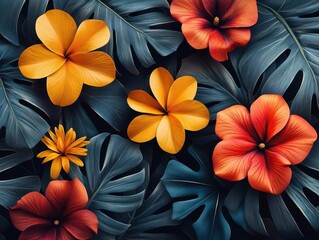 modern tropical pattern with bold stylized palm leaves and exotic flowers on deep black background vivid colors and clean lines create striking contemporary botanical design