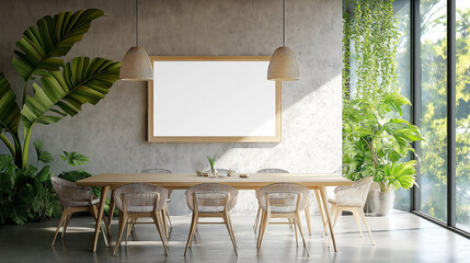 Aufkleber - Modern dining room with big window featuring horizontal poster frame mockup