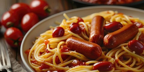 Wall Mural - Pasta dish with frankfurters, tomato sauce or condiment, and a mix of seasonings.