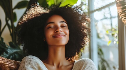 Wall Mural - A joyful woman with curly hair smiles brightly, her eyes lifted towards the sky.