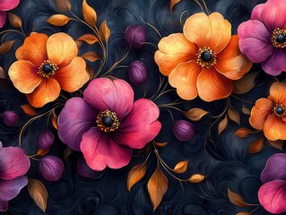 Wall Mural - ornate baroque floral pattern rich jewel tones on dark background intricate swirling tendrils and blooms digital illustration