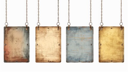 set of old metal posters hanging on chain on white background